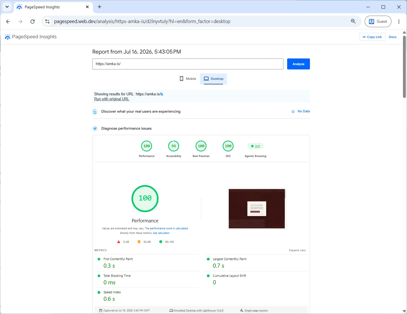 Google PageSpeed Insights skýrsla fyrir amka.is: hraði 100, aðgengi 96, bestu starfsvenjur 100, SEO 100