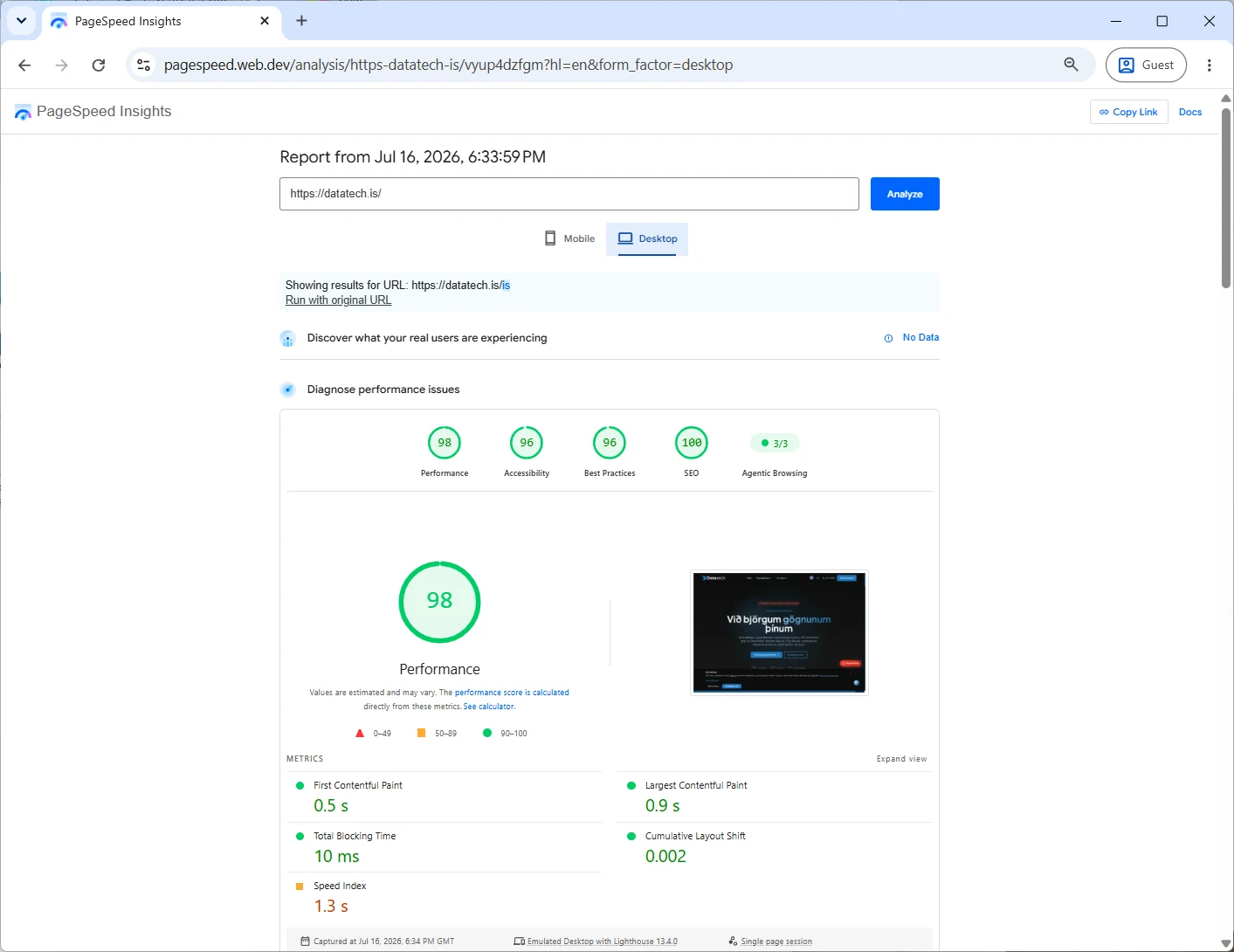 Google PageSpeed Insights report for datatech.is: performance 98, accessibility 96, best practices 96, SEO 100
