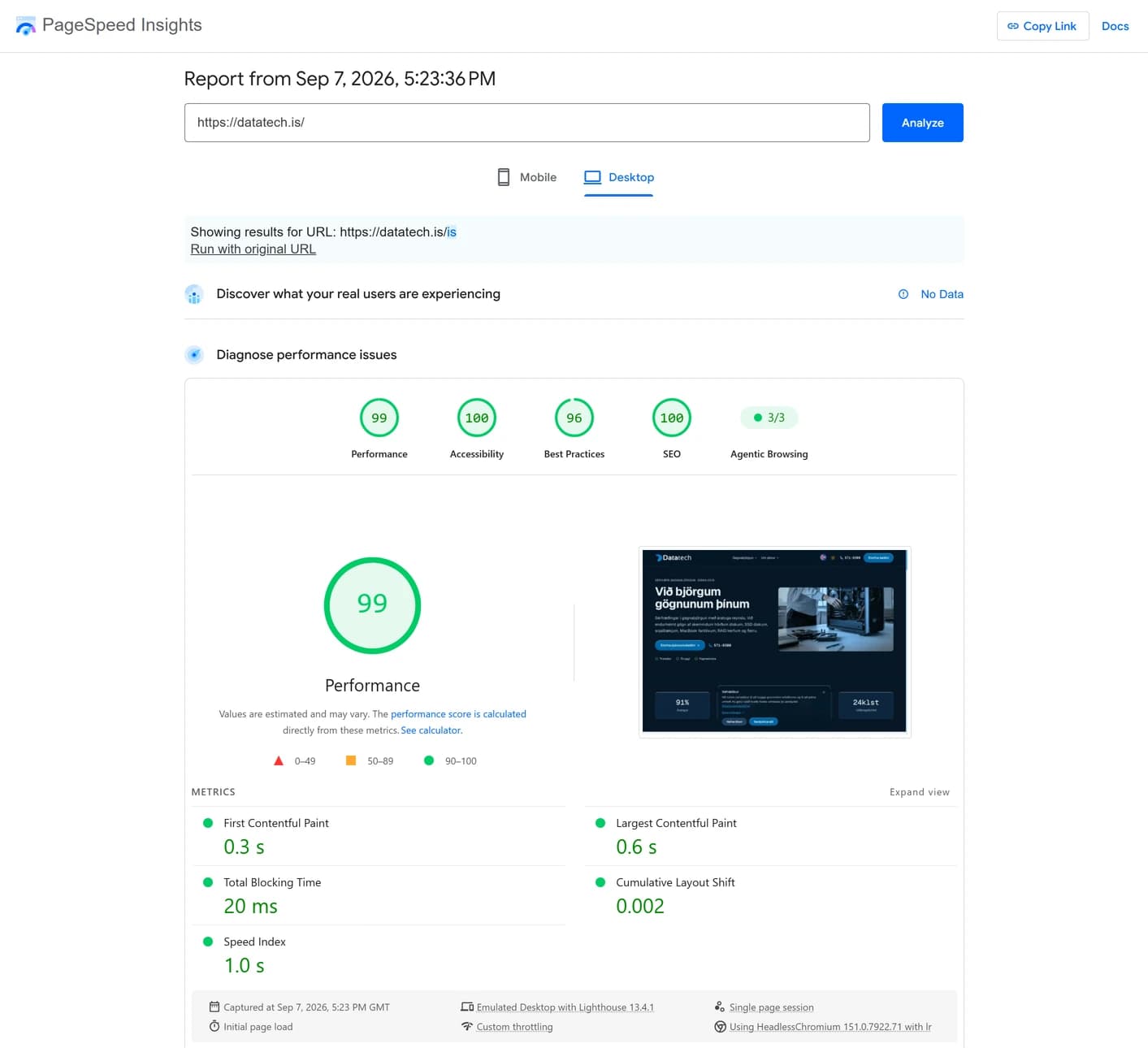 Google PageSpeed Insights skýrsla fyrir datatech.is: hraði 99, aðgengi 100, bestu starfsvenjur 96, SEO 100