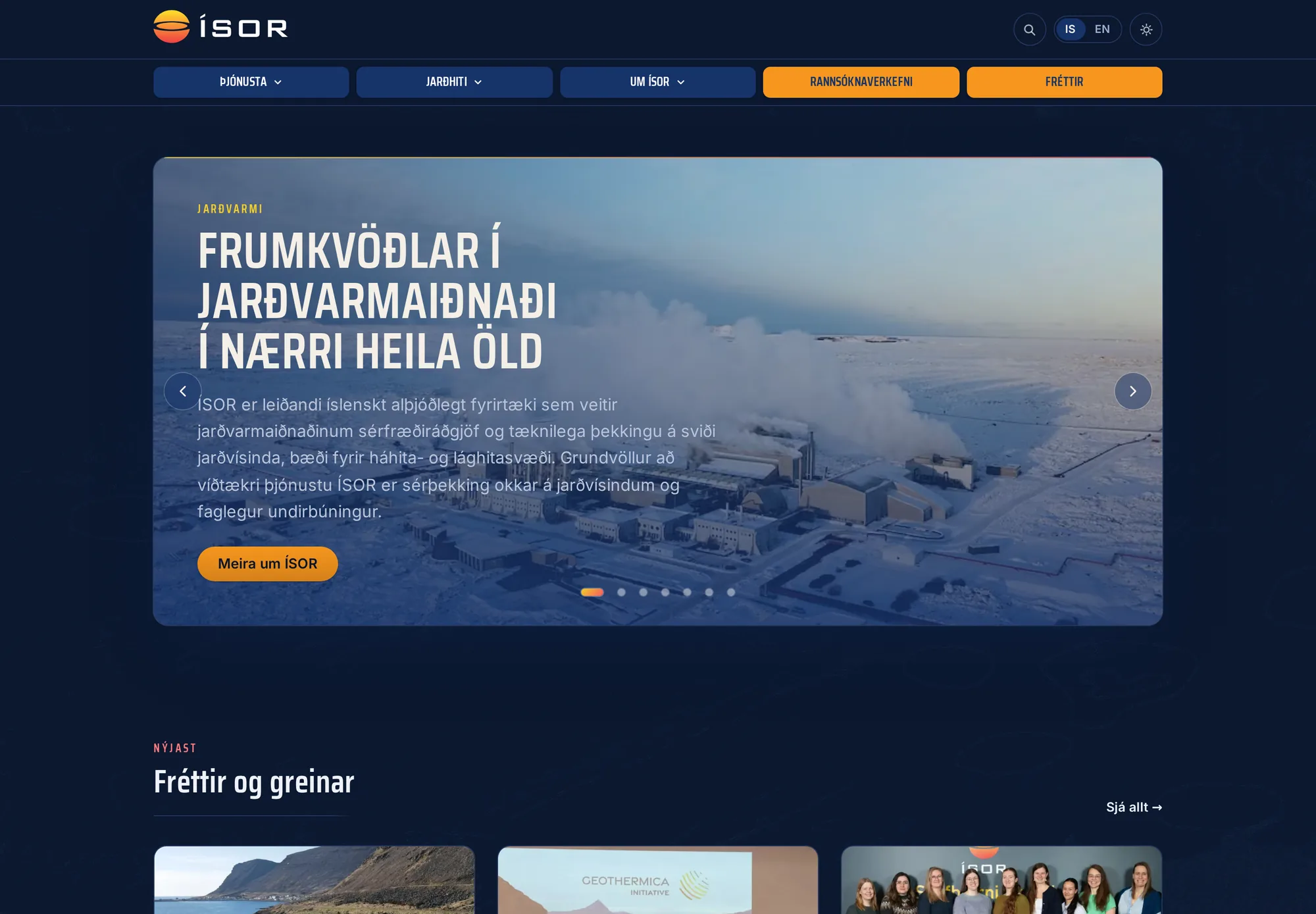 Forsíða isor.is í dökku þema