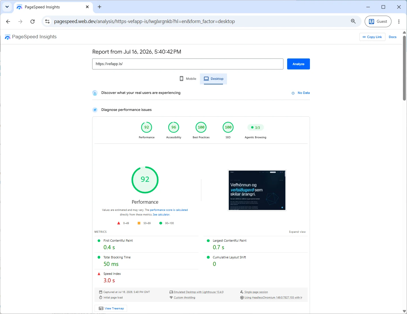 Google PageSpeed Insights report for vefapp.is: performance 92, accessibility 96, best practices 100, SEO 100