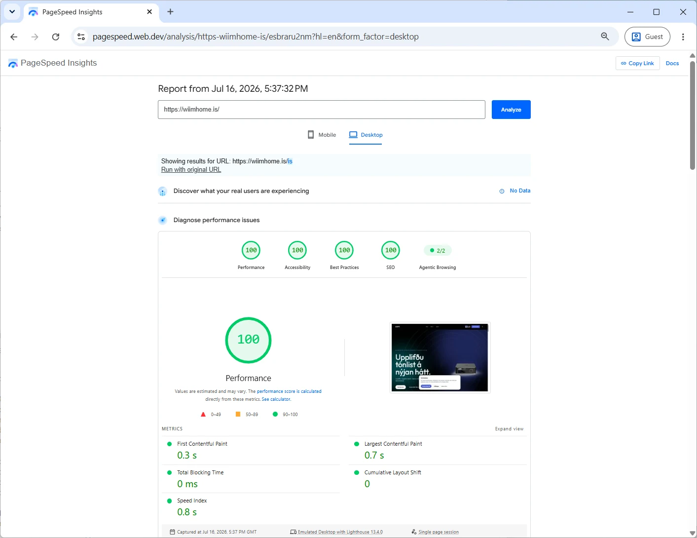 Google PageSpeed Insights report for wiimhome.is: performance 100, accessibility 100, best practices 100, SEO 100